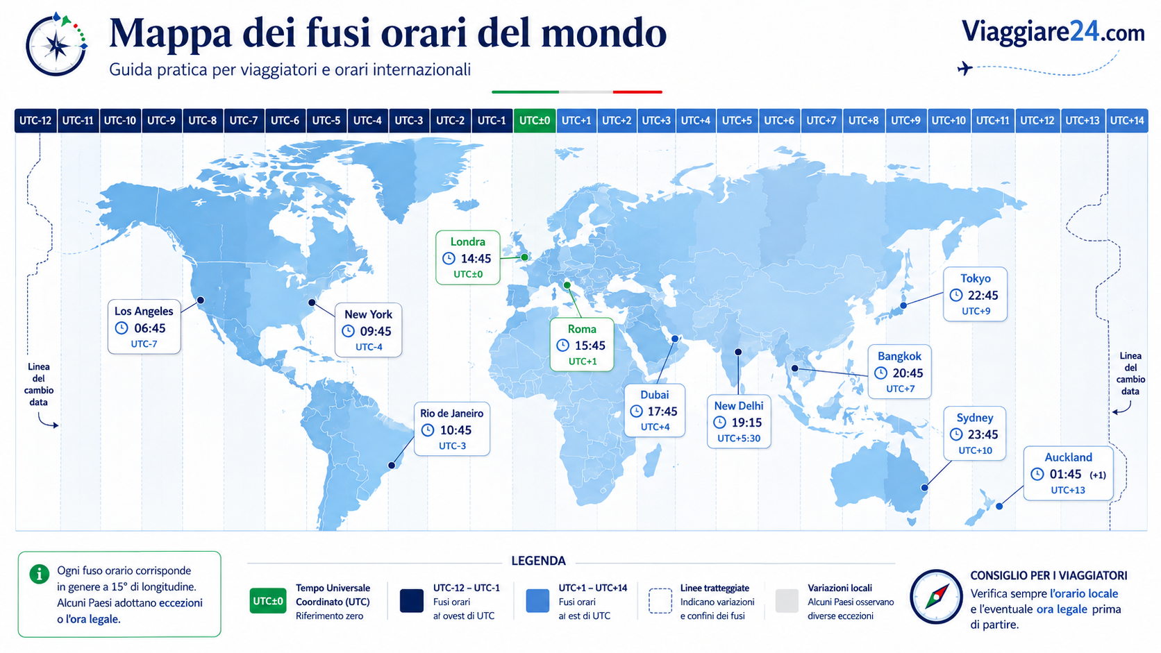 Mappa professionale dei fusi orari del mondo con principali città internazionali e riferimento UTC
